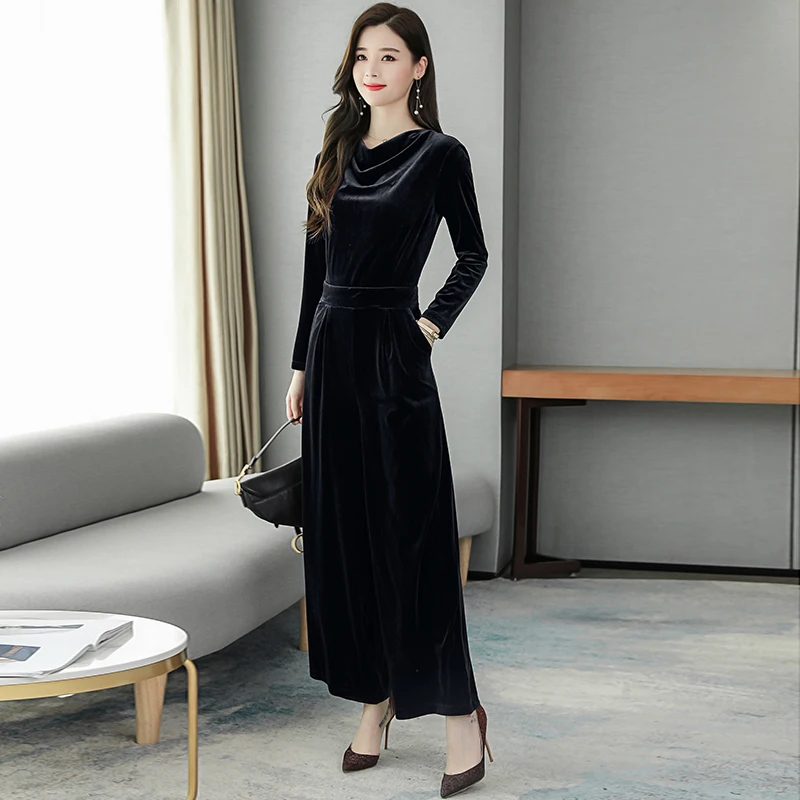 Long Jumpsuits 2021 New Women Sleeve Pile Collar Office Lady Solid Velvet Rompers |