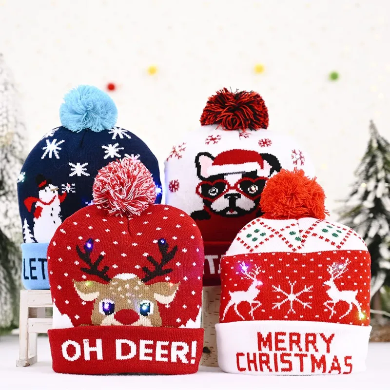 

Christmas Hats Beanie Sweater LED Light Knit Hat Santa Elk Hat Light Up Knitted Hat for Kids Adult Gift 2020 Merry Christmas