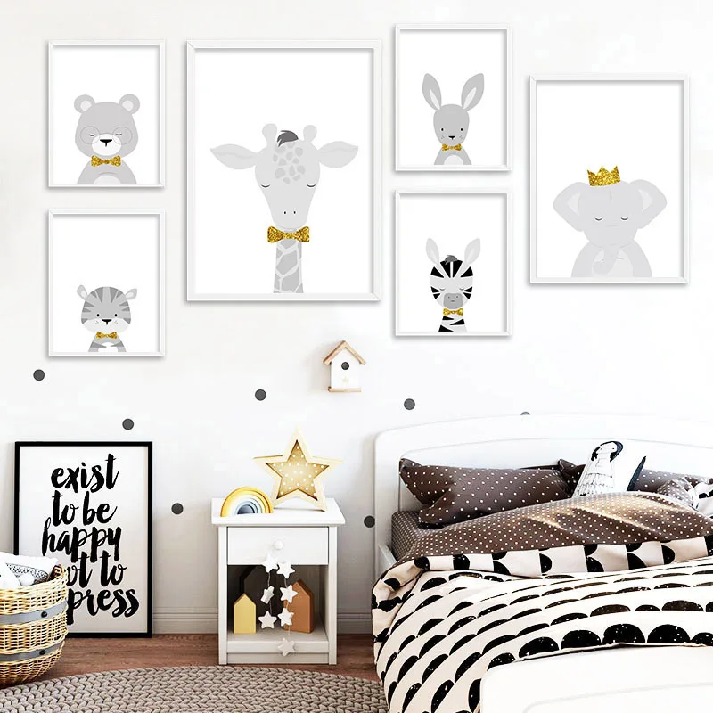Настенный постер на холсте для детской комнаты картина с животными львом слоном