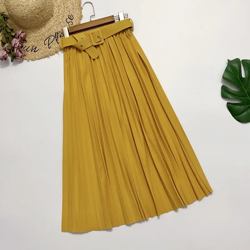 Повседневная плиссированная юбка с поясом женская элегантная средней длины в