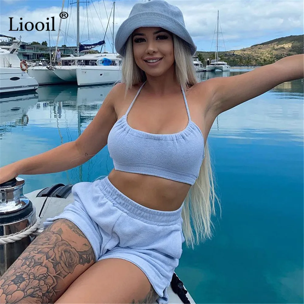 

Liooil женская блузка с лямкой на шее, блузка и шорты с карманами, без рукавов, с открытой спиной, синие женские комплекты для бега