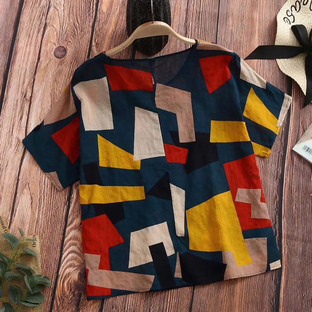 

Womens Tops And Blouses Short Sleeve Vintage Round Neck Short Sleeve Linen Womens Tops And Blouses Linen Printed Tops Loose BB3M