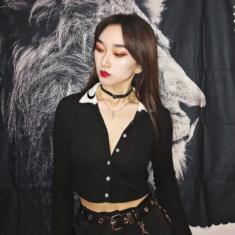 Rapwriter Повседневная футболка с длинным рукавом Harajuku Moon Graphic Basic для женщин, осень, уличная одежда с отложным воротником, Стрейчевые укороченные топы
