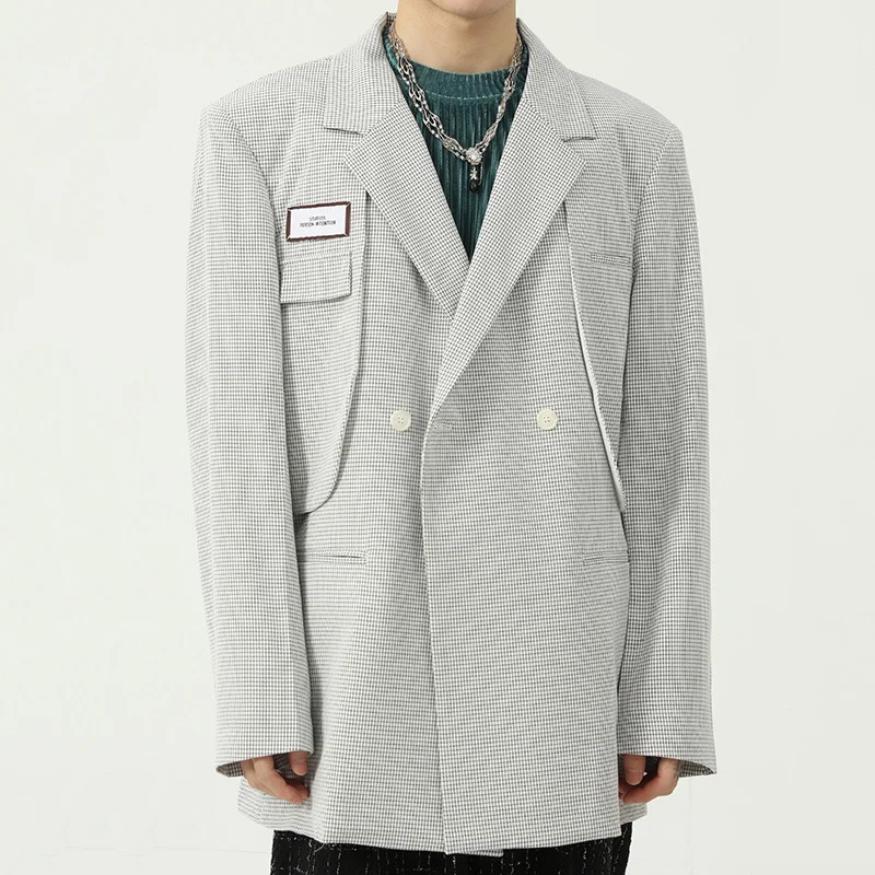 

Men's Korean Plaid Label Design Trendy Suit Coat Double Breasted White Black Blazer 2021 Autumn New Chic Jacket Male Blazer