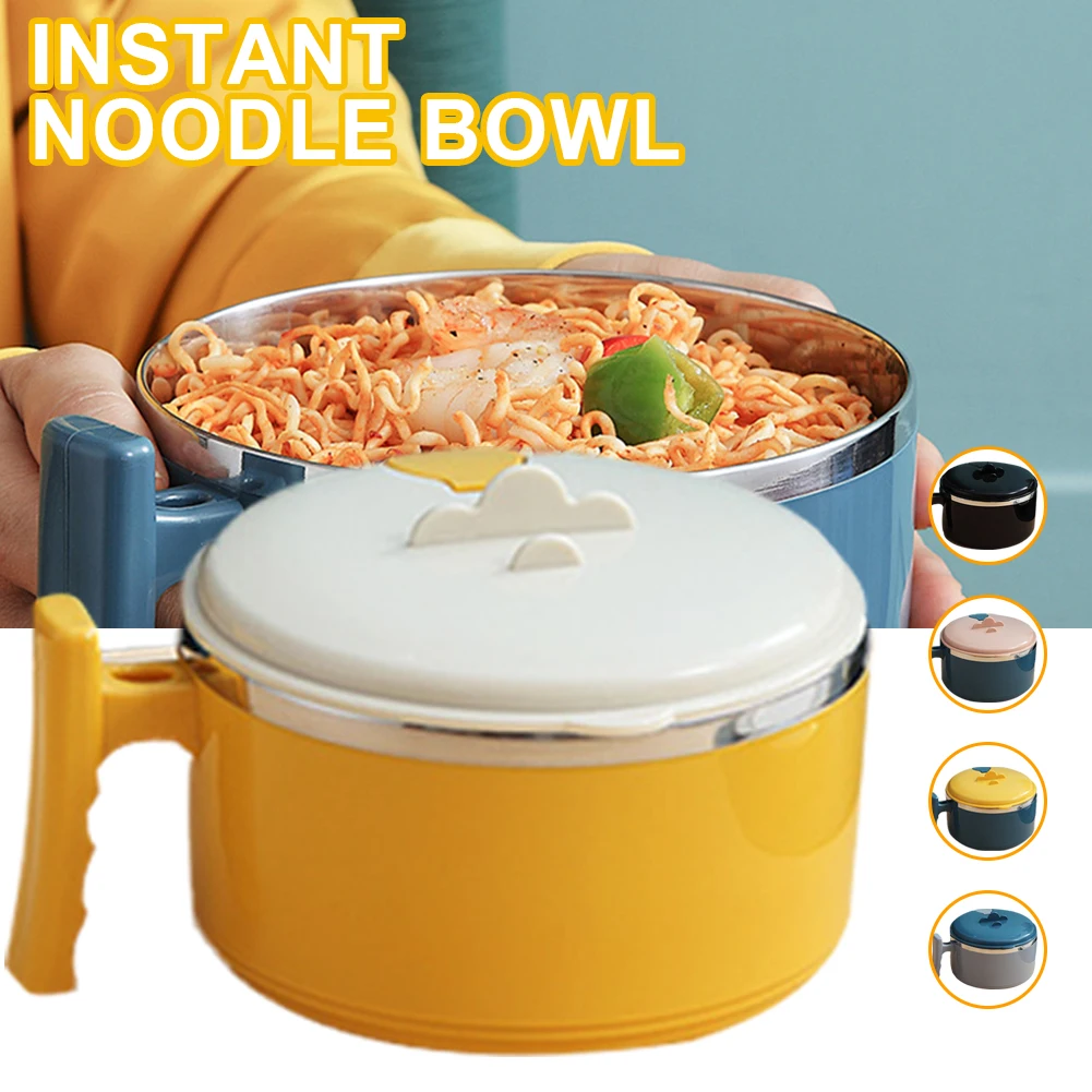 

1000ml Stainless Steel Noodle Bowl with Lid Leak-proof Double-Layer Insulated Lunch Box Food Container for Student Office Worker