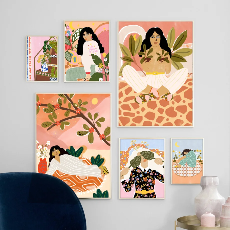 Модная винтажная картина на стену с изображением девушки листьев Картина холсте