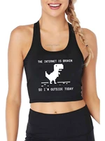 no internet so i outside today print yoga training sports crop top womens funny cartoon dinosaur harajuku pattern tank top