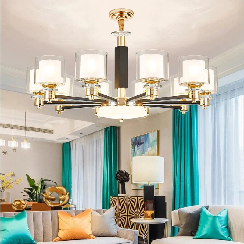 

Современные золотистые черные металлические светодиодные люстры, освещение для гостиной, стеклянные светодиодные подвесные светильники д...