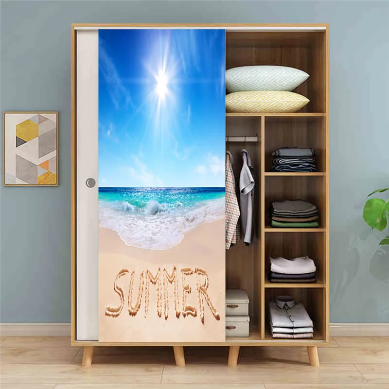 

Summer Ocean Beach Photo Door Sticker 3D PVC Self-adhesive Vinyl Wallpaper Wall Decals Wardrobe Door Renovation Home Decoration