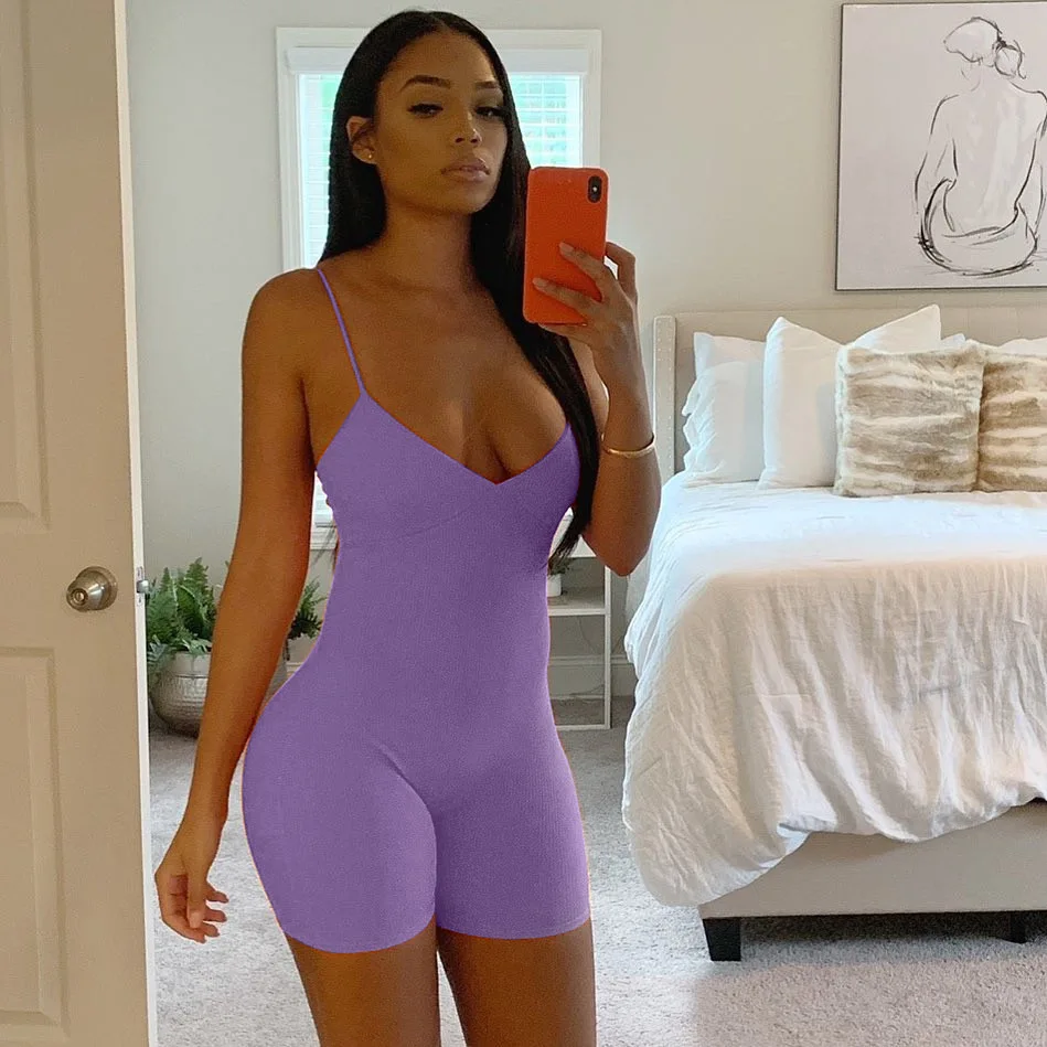 

Sexy Movement Style Jumpsuits Sleeveless Pure Color Jumpsuits Short Pants Fashion Women Slim Jumpsuits