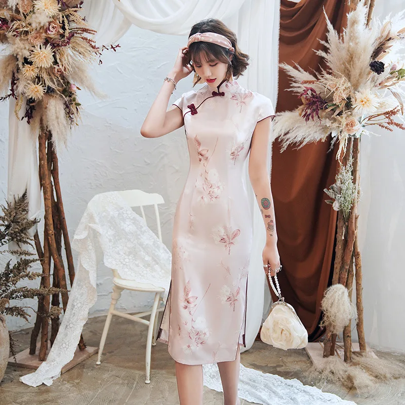 

Women Cheongsam Vintage Satin Chinese Traditional Qipao Plus Size 3XL Mandarin Collar Long Evening Party Dress Slim Vestidos