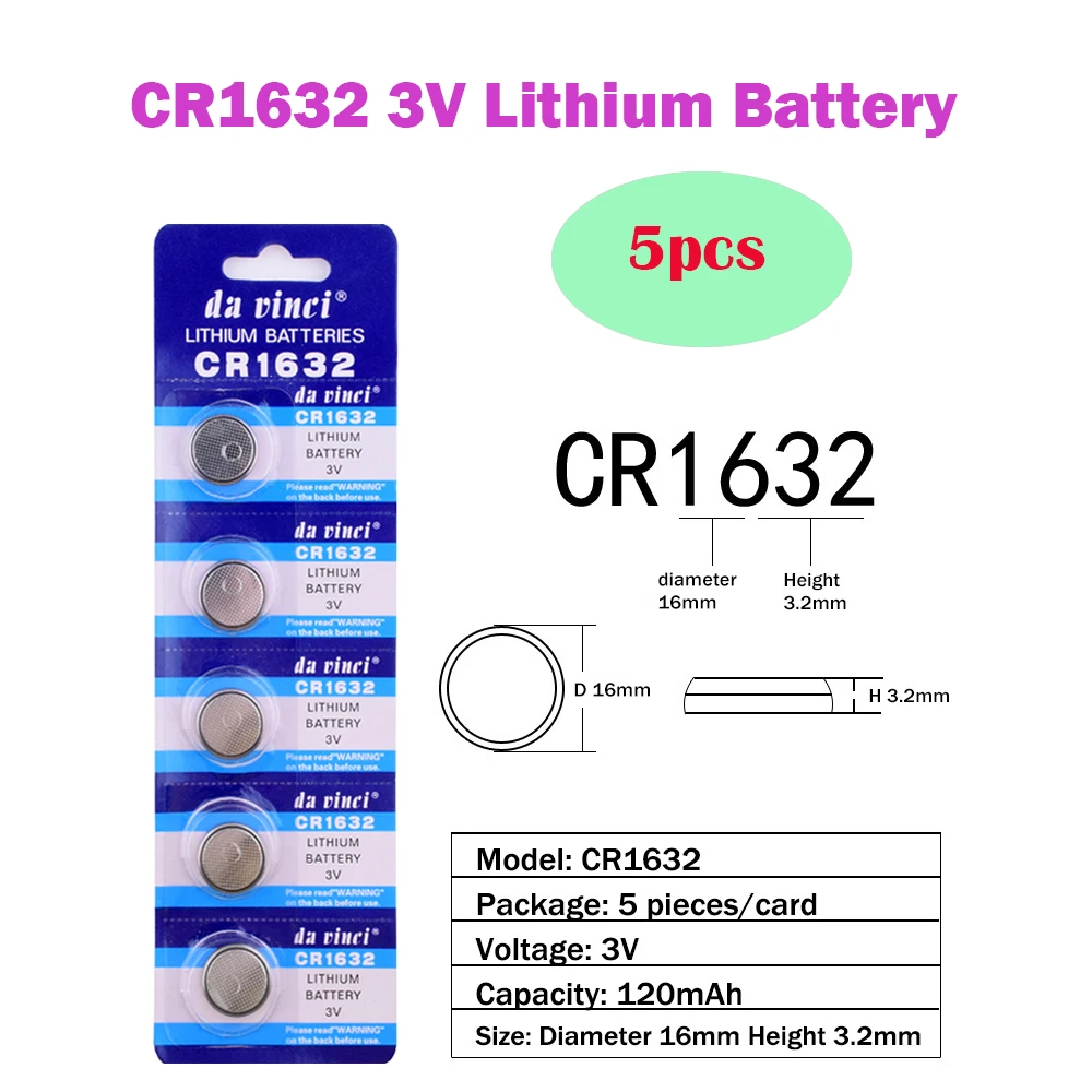 

5Pcs=1Card CR1632 3V Lithium Button Battery 120mAh ECR1632 BR1632 LM1632 Cell Coin Batteries For Watch Electronic Toy Remote