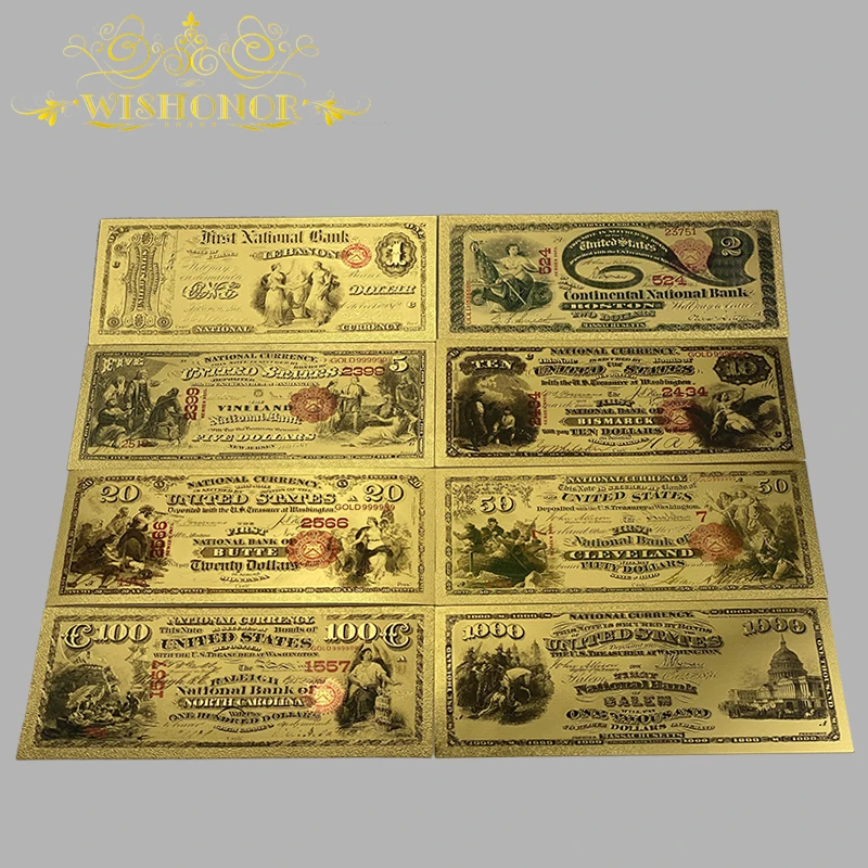 

8pcs/Set Nice 1875 Year America Banknote 1 2 5 10 20 50 100 1000 Gold Banknote in 24k Gold Plated For Collection