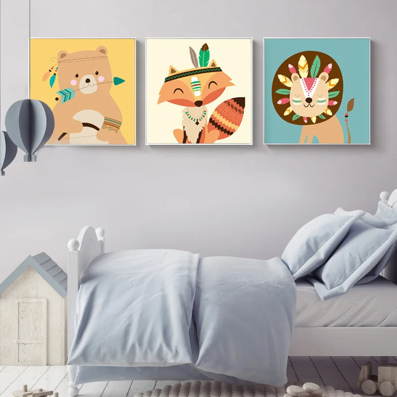 

Spray Color Cartoon Animal Bear Rabbit Lion Raccoon Bow Arrow Feather Canvas Painting Wall Picture Poster Nursery Room Decor