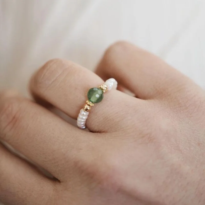 

Кольца из натурального камня с зеленым кристаллом для женщин, Пресноводный Жемчуг в богемном стиле, модные ювелирные изделия с изменяемым р...