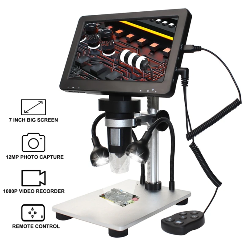LCD 7 Cal mikroskop cyfrowy USB 1200x 12mp lupa elektroniczna kamera mobilna naprawa telefonu lutowania pilot zdalnego sterowania metalowa podstawa