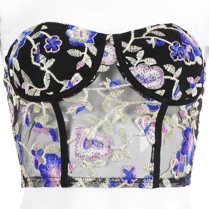 

Summer 2021 Retro Fashion Embroidery Perspective Hollow Mesh Stitching with Chest Cotton One-word Neck Tube Top Vest Women