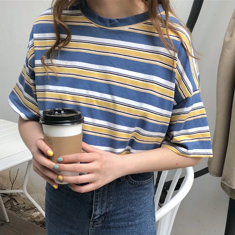 

2019 Women's Fashion Striped Loose T-shirt Summer Casual T Shirt Short Sleeve O-Neck Tee Shirt Rk