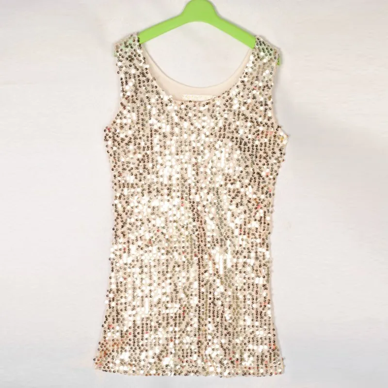 Новые женские топы летнего размера плюс тонкие золотые блестки Blingbling жилет Джемпер Женская футболка без рукавов свободная Топы - Цвет: Золотой