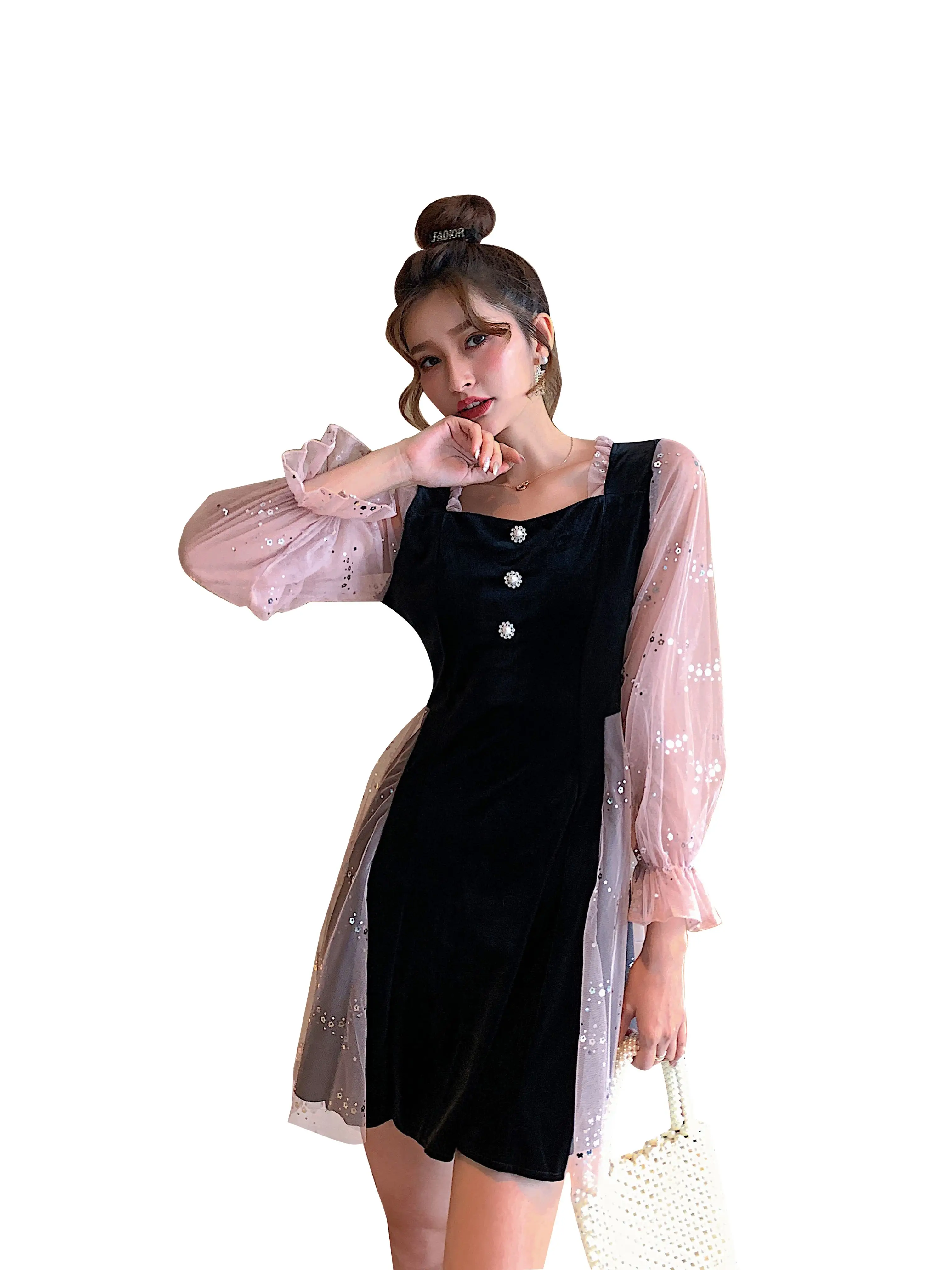 

COIGARSAM Patchwork Women one-piece dress korean New Mesh Dresses Black 757