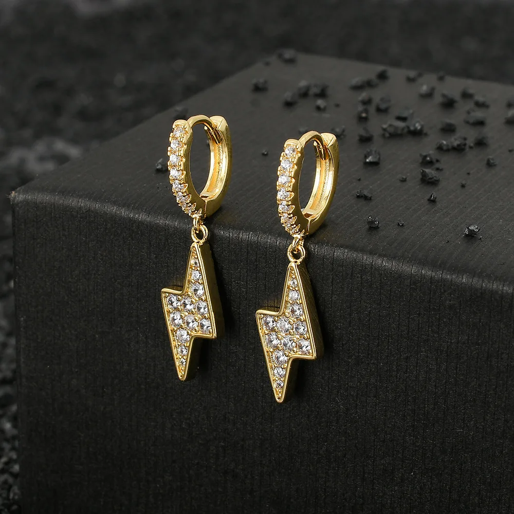 

Hip HOP Gold Plating Earrings CZ Bling Ice Out Stud Earring Cubic Zironia Stone Lightning Earrings Fine Jewelry for Men Women