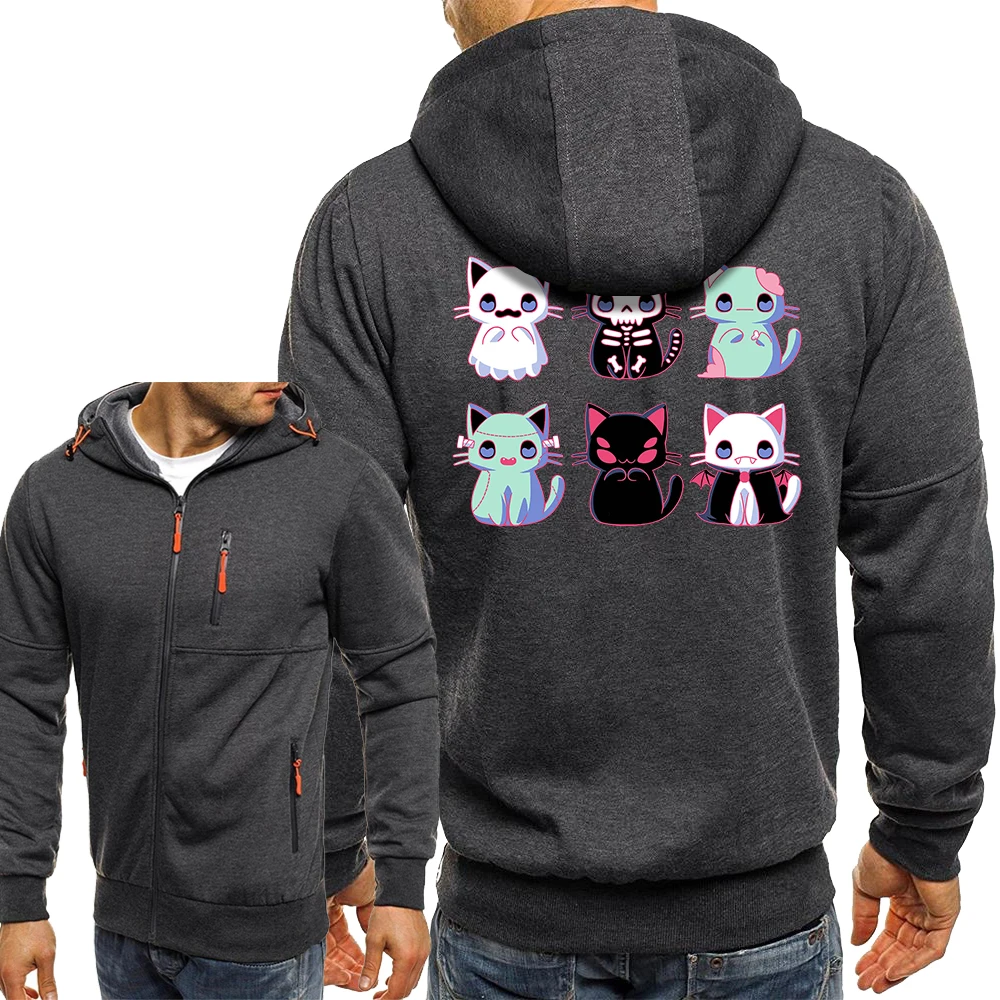 

Halloween Cats Kawaii Manga Hoodies Men Casual Zipper Outerwear Harajuku Loose Hooded Male Cartoon Streetwear Sweatshirts Coat