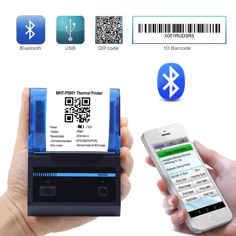 Термопринтер для чеков Milestone 58 мм Мини Bluetooth USB портативный беспроводной
