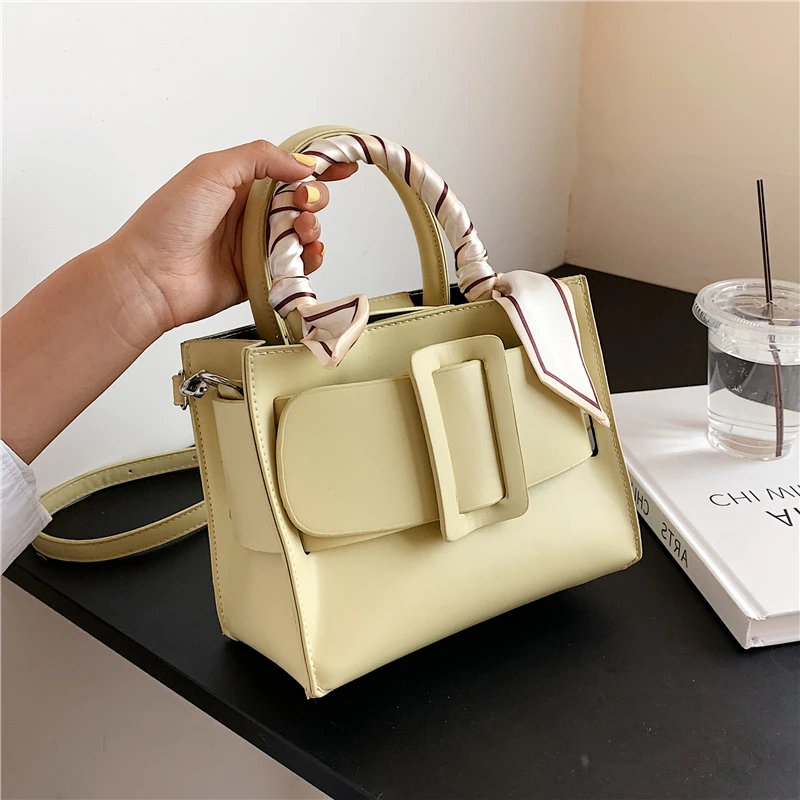 

Fashion Scarf Belt Design Double Handle Tote Bags For Women Luxury Brand Buckle High Quality Smooth Shoulder Crossbody Bags 2021
