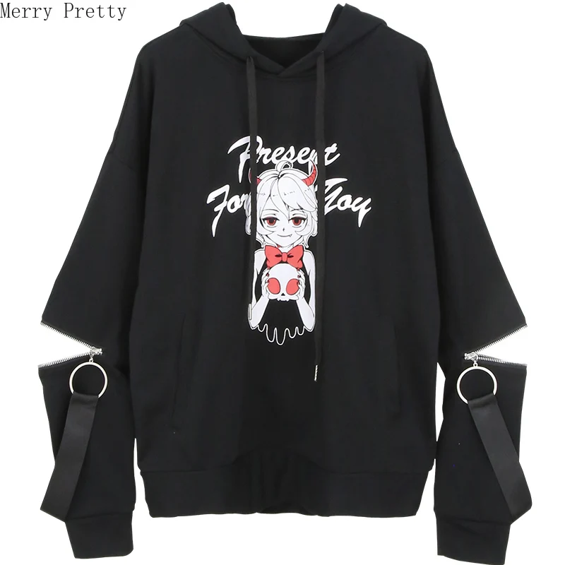 

Gothic Black Hooded Sweatshirts Women 2020 Spring Harajuku Hoodie Cartoon Print Lace Up Hollow Out Loose Tracksuit