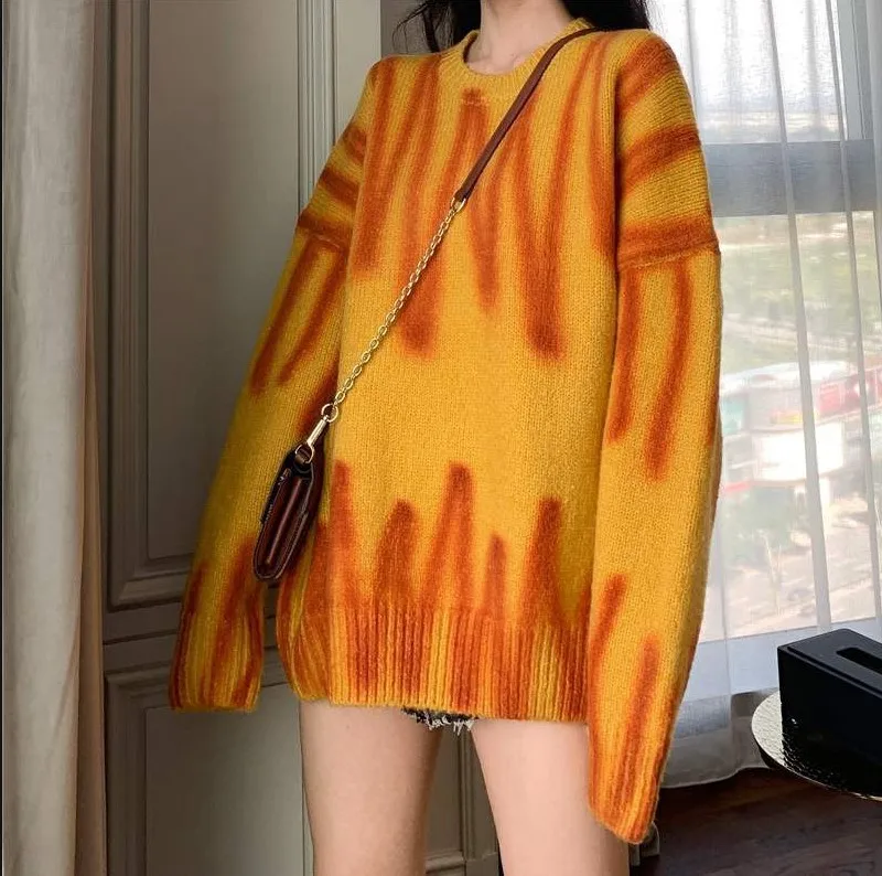 

Spring and Autumn Oversized Pullover Period The New Easing Show Thin Female Tie-Dye Knit Female Printed Sweaters 2021 New