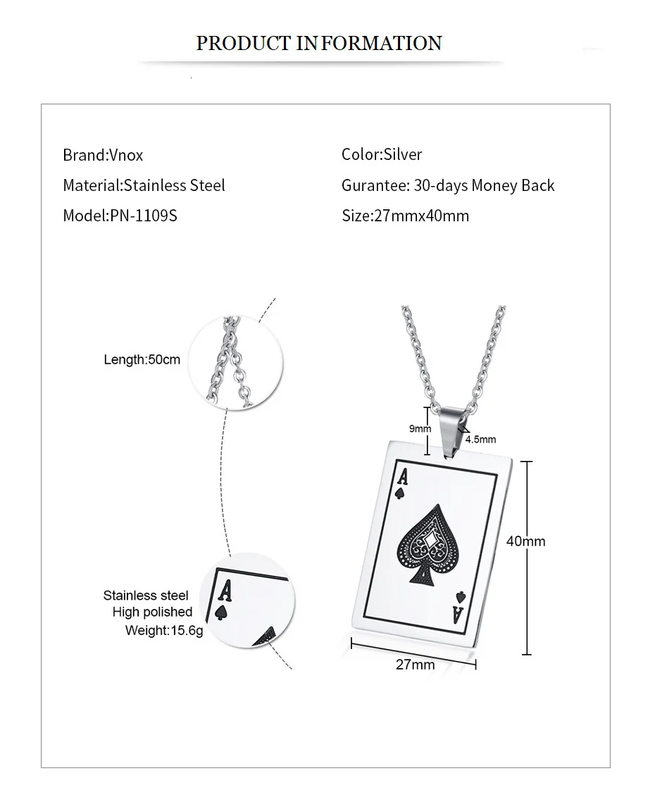 Vnox Lucky Ace Of Spades мужское ожерелье Серебряный тон покерный кулон для мужчин из нержавеющей стали казино Фортуна игральные карты