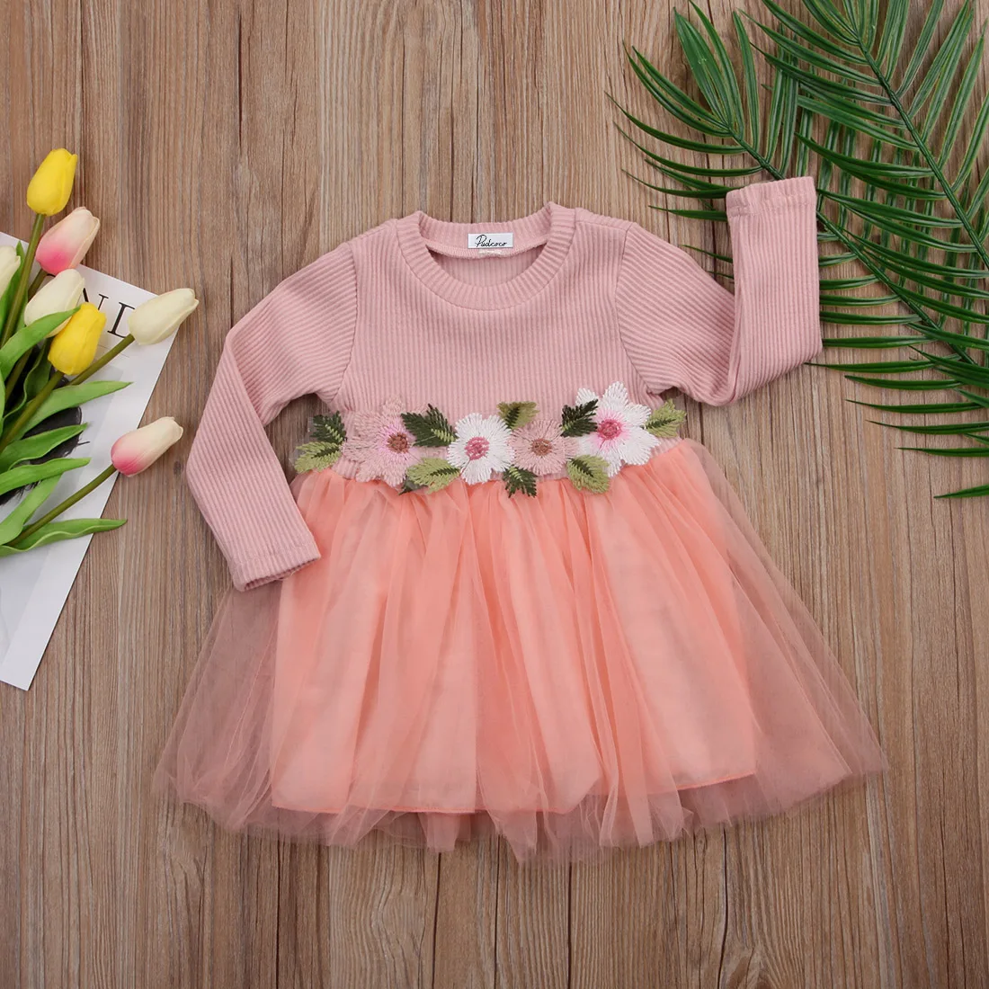 Cute Pretty Toddler Baby Girls Dress Flower Long Sleeve Lace Dress Princess Party Prom Tulle Dresses