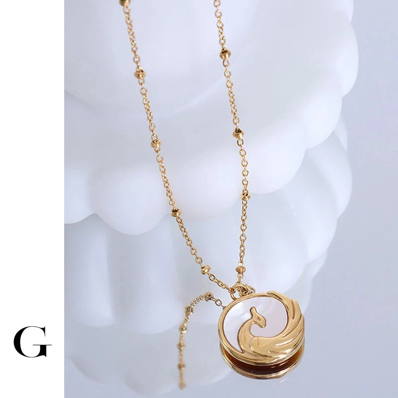 

GHIDBK Embossed Phoenix Inlaid White Sea Shells Necklaces For Women Titanium Steel Trendy Animal Charm Pendant Necklace Gift