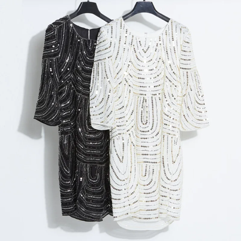 

New European Party Sequin Dress Women Elegant Vintage Fashion Sexy High-end Sleeves Heavy Industry Beaded Ladies Dresses Clothes