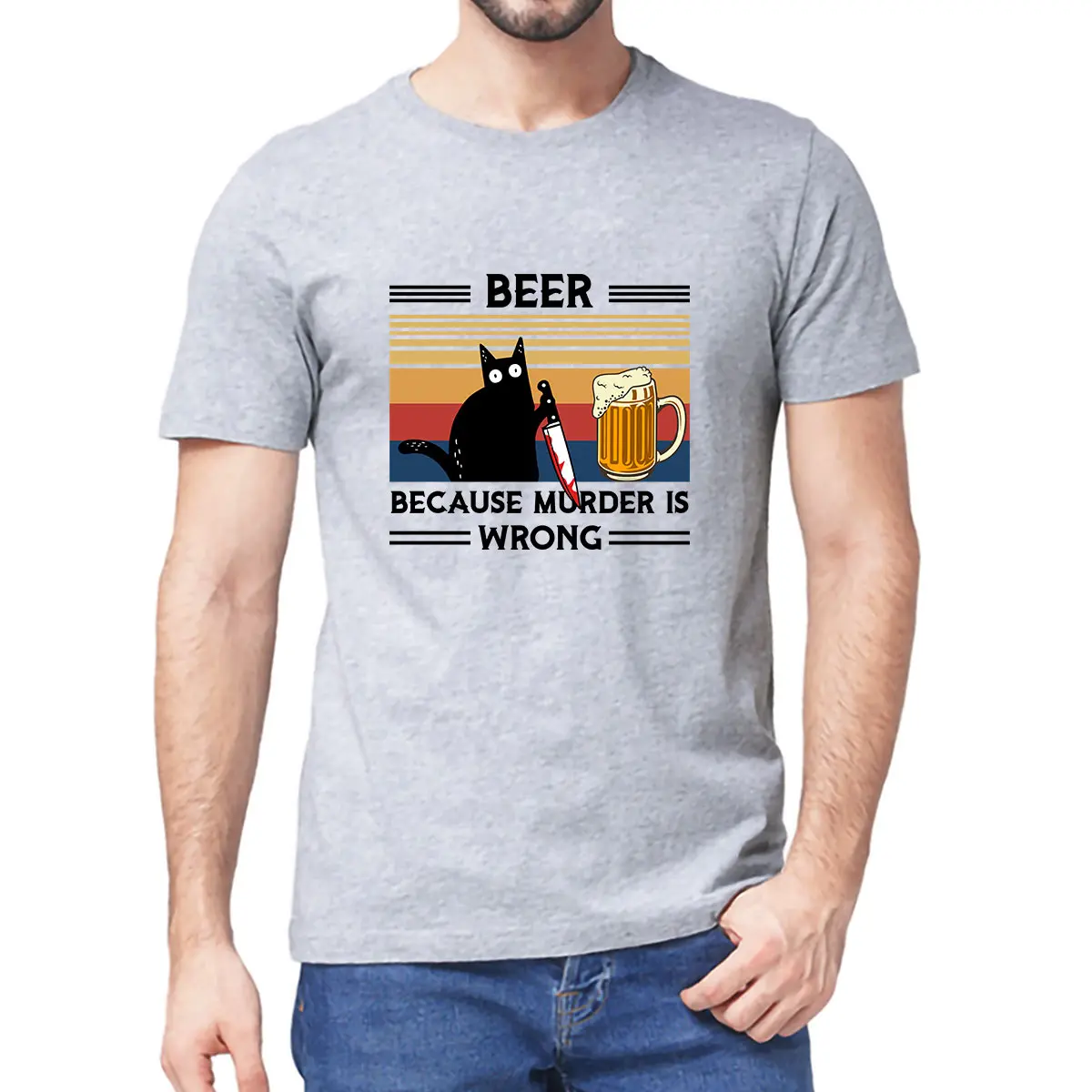 

Unisex Black Cat With Knife Beer Because Murder Is Wrong Funny Vintage Men's 100% Cotton Short Sleeve T-Shirt Women Streetwear