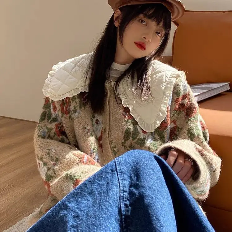 

Fashion Korean Style Women Sweater Cardigan O Neck Single Breasted Floral Long Sleeve Casual Straight Female Knitted Sweater