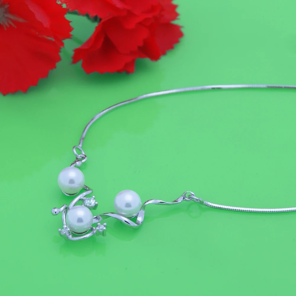 Ожерелье женское из серебра 925 пробы с фианитами и жемчугом|silver pendant necklace|925 sterling