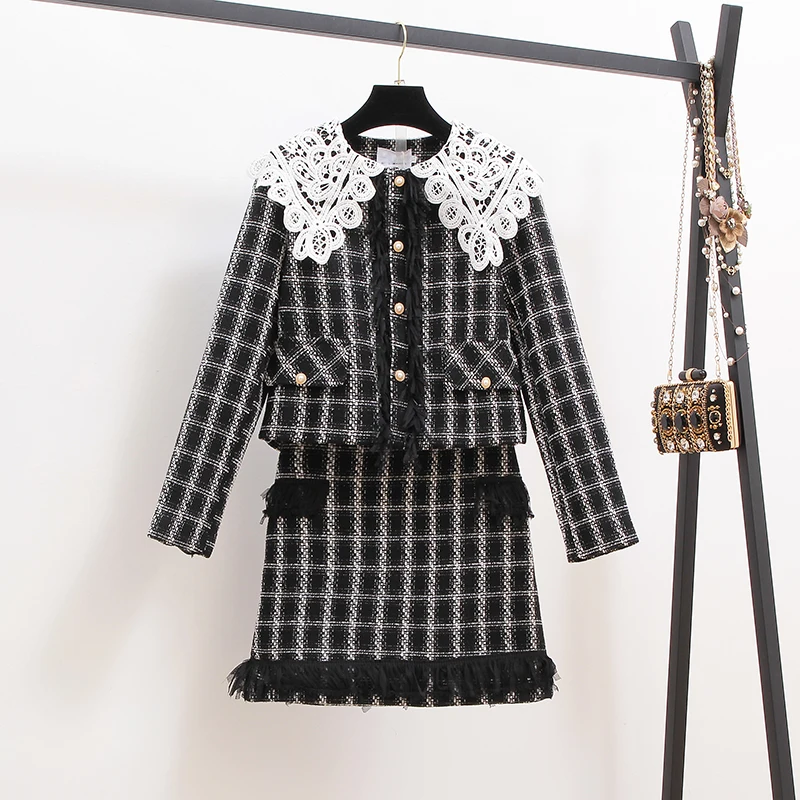 Женский твидовый костюм из двух предметов короткая куртка с бахромой и