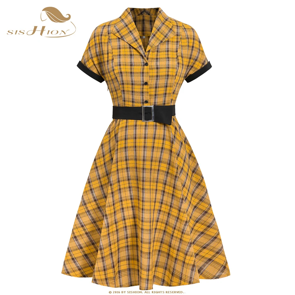 

SISHION casual dress jurken Short Sleeve Yellow Plaid Dress VD1331 2021 Summer Swing Rockabilly 50s Vintage Dress with Belt