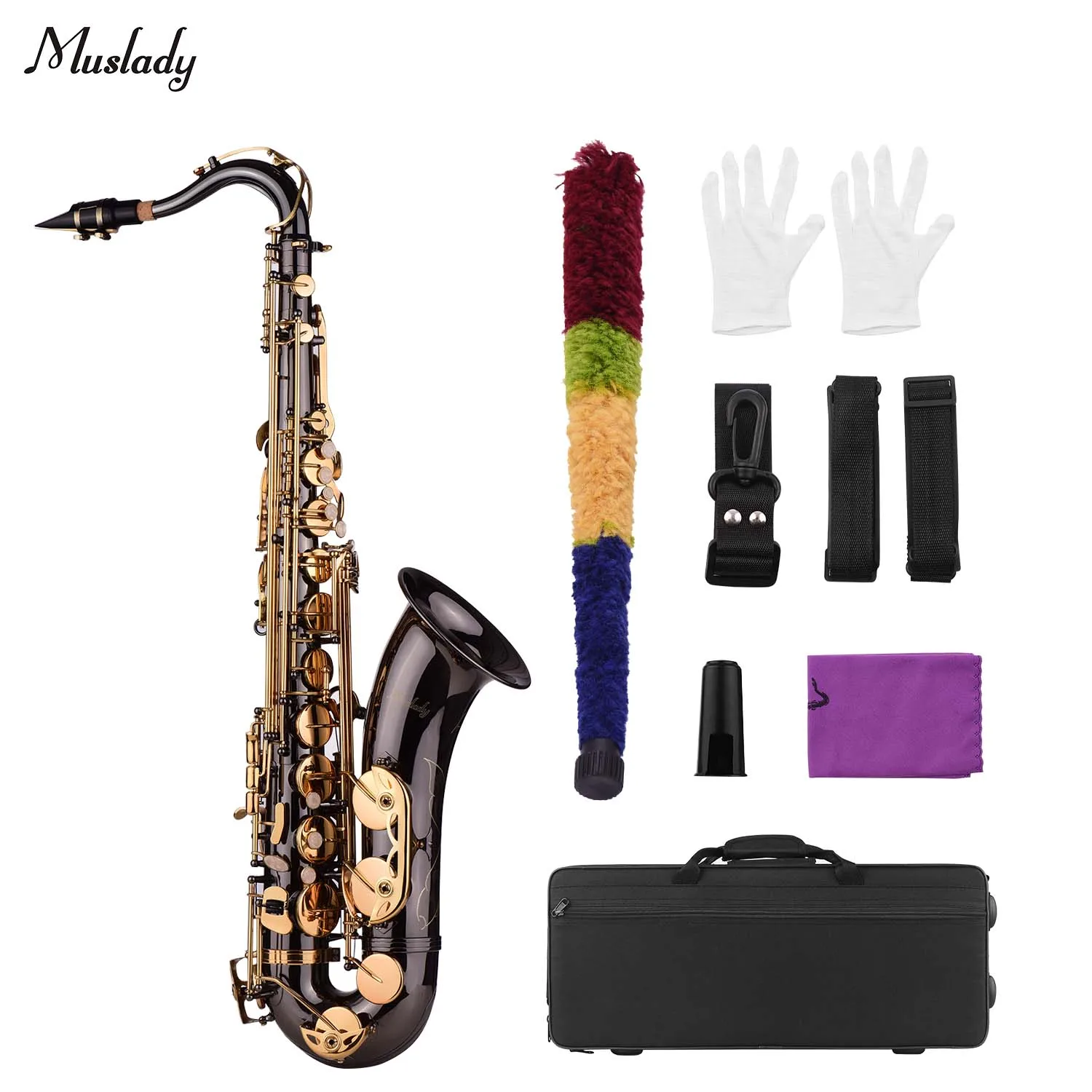 

Тенор-саксофон Muslady Bb, латунный корпус, черный никелированный, с золотыми клавишами, деревянный духовой инструмент, с чехлом для переноски