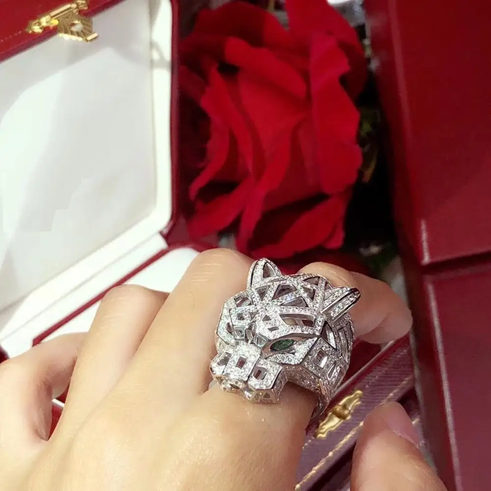 Классическое однотонное 925 пробы Серебряное леопардовое кольцо на палец полное с