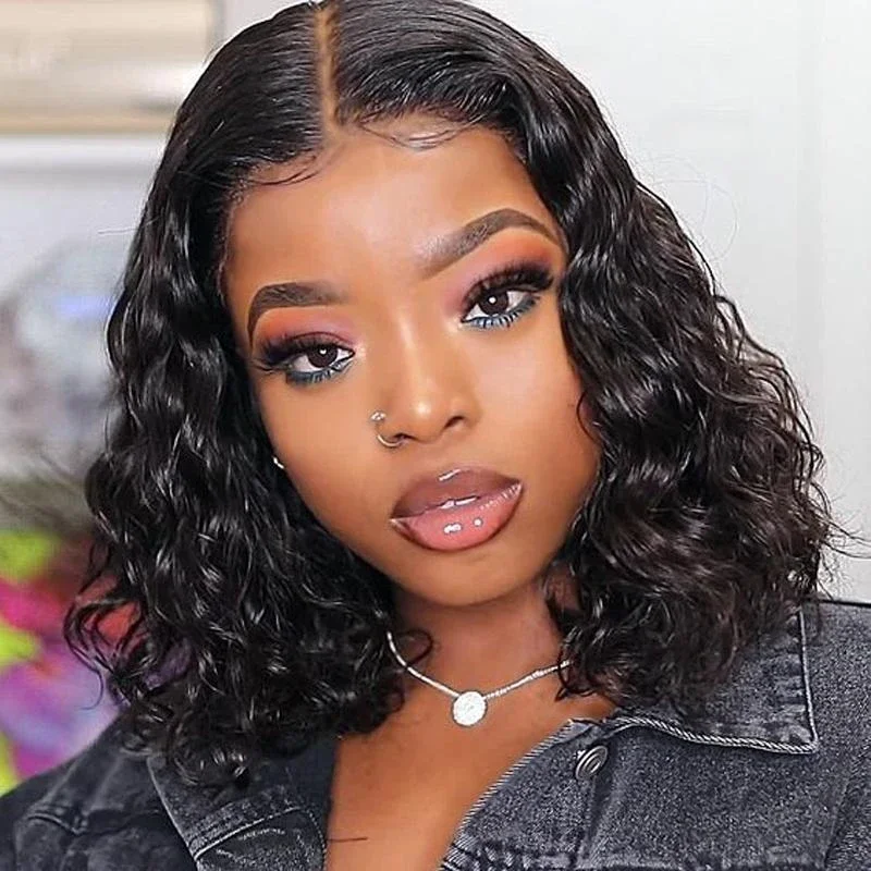

Brazilian Deep Wave Human Hair Bob Closure Wig Natural Hairline Remy Hair Short Deep Curly Bob Lace Front Wig With Baby Hair