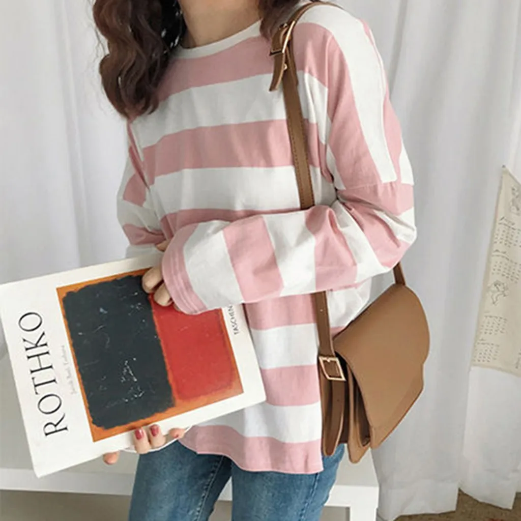 Женская футболка 2020 полосатая с длинным рукавом корейские повседневные женские