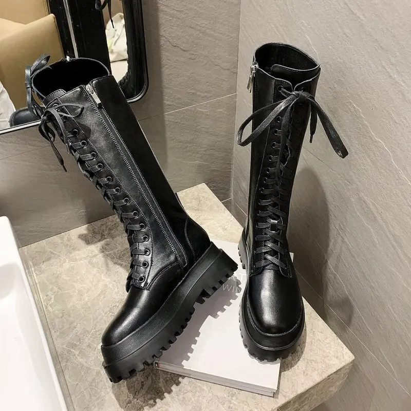 

BZBFSKY Fashion Chunky Platform Boots Women Autumn Winter Thick Bottom Long Boots Woman Black PU Leather Knee High Botas 35-40