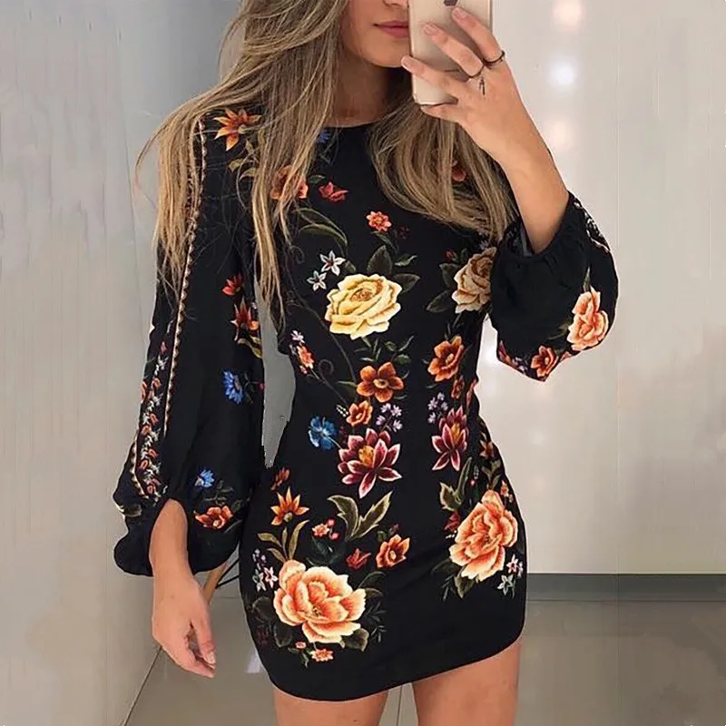 

Elegant Women Cutout Back Lantern Sleeve Vintage Floral Bodycon Dress