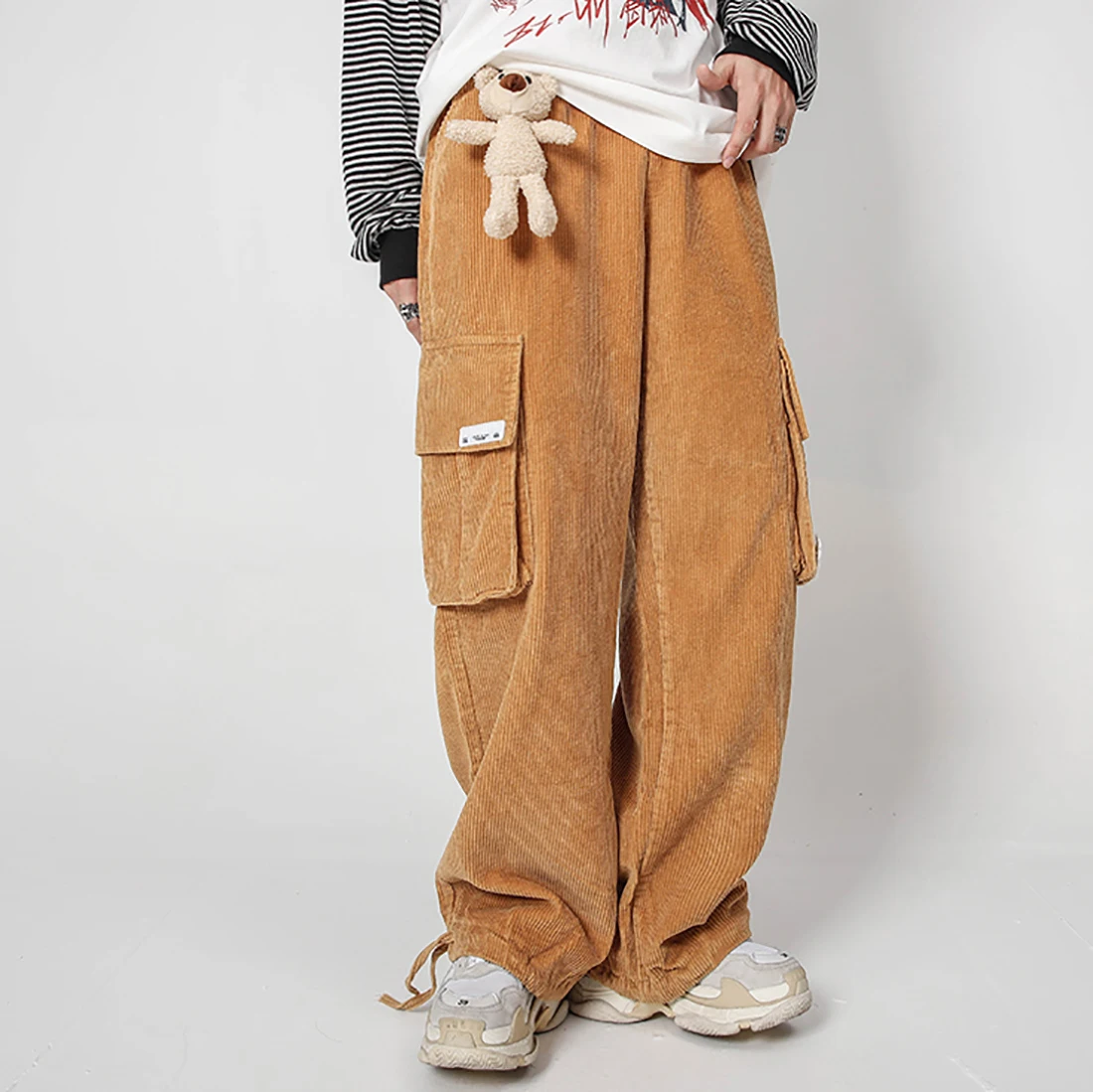 

Bear Pendant Corduroy Jogger Pants Pocket Casual Streetwear Harajuku Sweatpants Male Hip Hop Trousers dropshipping