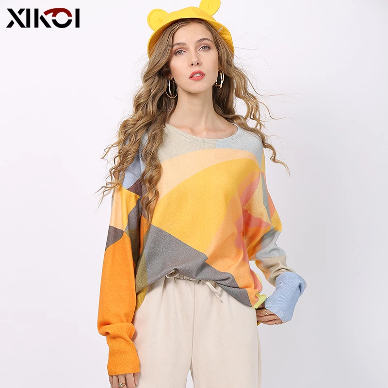 Женский вязаный свитер с принтом XIKOI теплый пуловер оверсайз круглым вырезом и