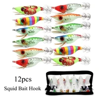 12pcs squid baits hooks 9g big eyes wooden shrimp jig fishing lures hooks wood artificial luminous jigging lure with bag