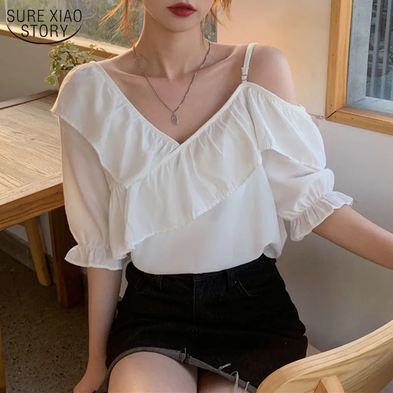 

2022 New Korean Chic Solid Color Women Shirt Ruffled Simple Short-sleeved Chiffon Blouse Elegant Asymmetry Top Female 14611