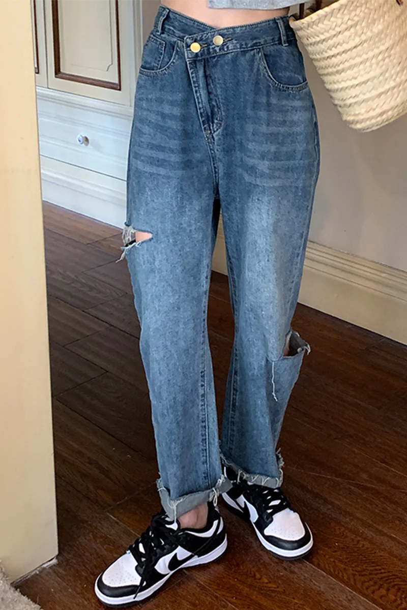 Black Design Sense Jeans Pierced Women's High Waist Thin Irregular Closure Double Button Tear Tassel Wide Leg | Женская одежда
